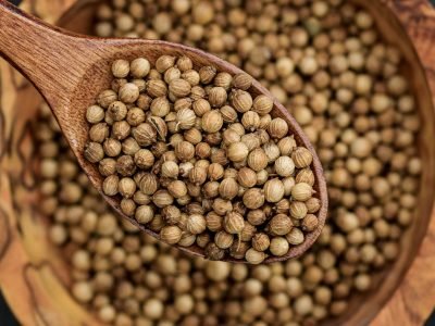 Detailed view of coriander seeds in a wooden spoon, emphasizing texture.